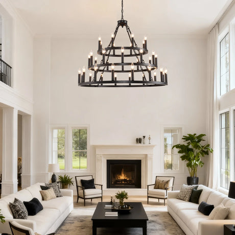 Farmhouse Wagon Wheel 36-Light Matte Black Chandelier - Omega Lifestyles