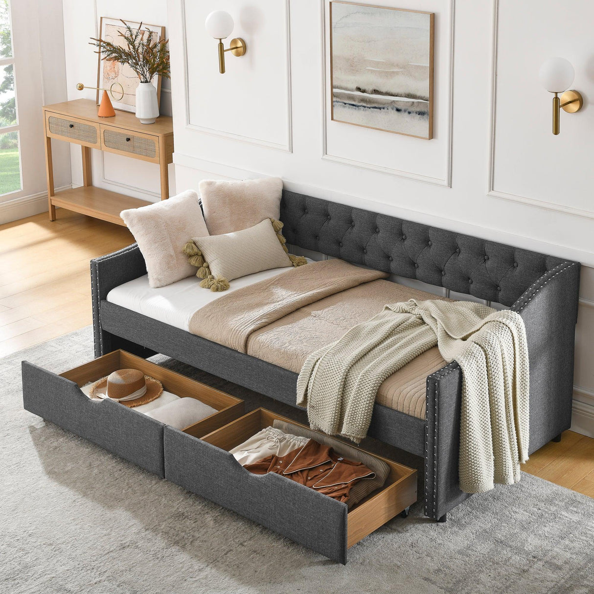 Twin Upholstered Tufted Daybed With Storage Drawers - Omega Lifestyles