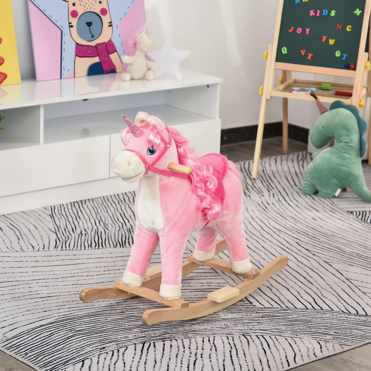 Plush Pink Unicorn Kids Rocking Horse With Sounds - Omega Lifestyles