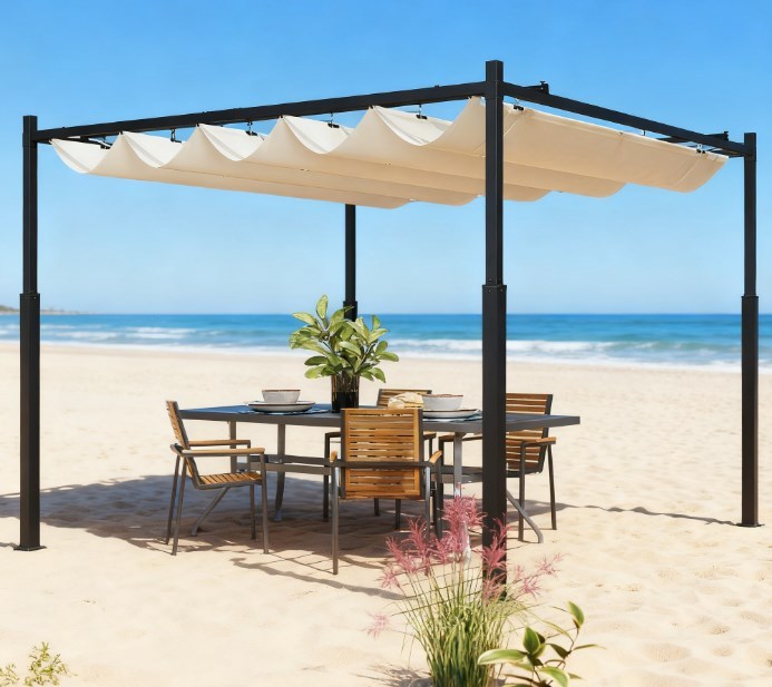 Outdoor Retractable Pergola With Magnetic Canopy Fixture