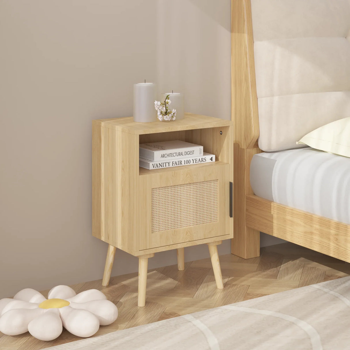 Oak Rattan Bedroom Nightstand With Solid Wood Legs - Omega Lifestyles