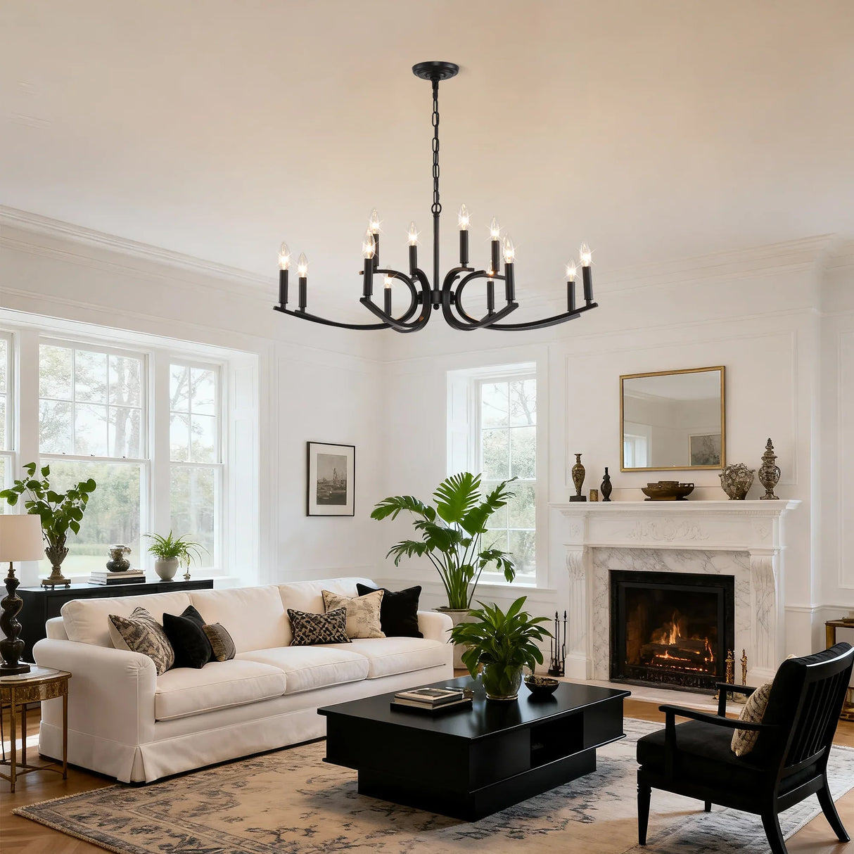 12-Light Matte Black Farmhouse Metal Chandelier Adjustable Height - Omega Lifestyles