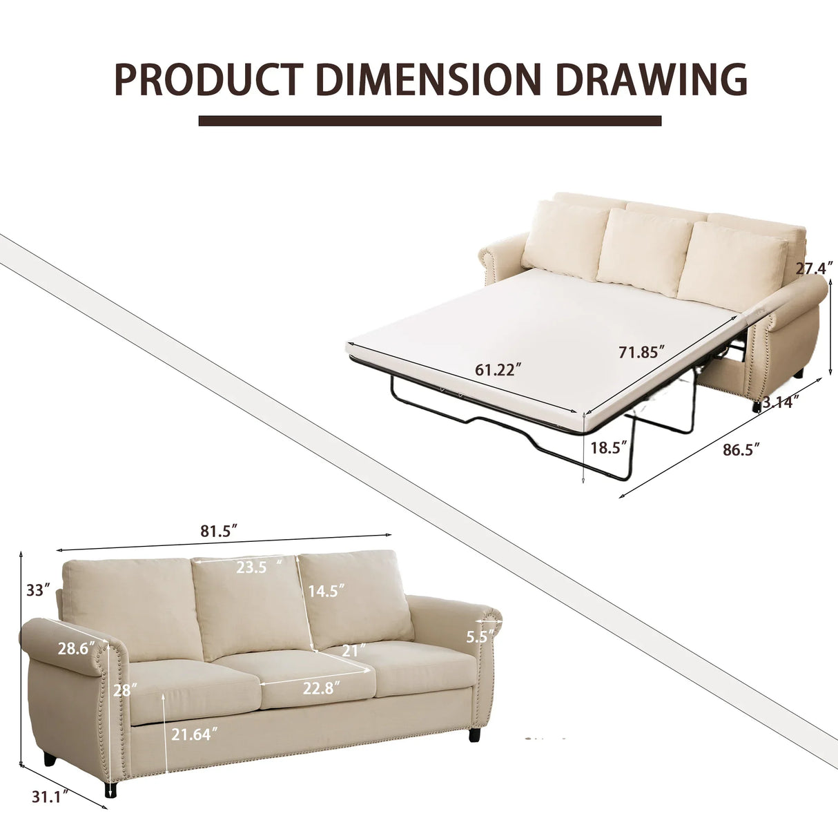 Medium-Firm Linen Sleeper Sofa Bed With Pull-Out Mattress - Omega Lifestyles