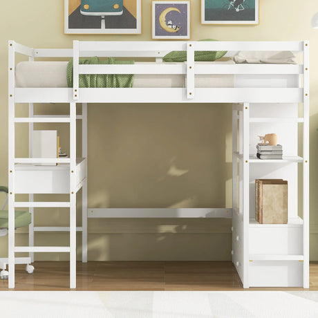 Full White Pine Full Loft Bed With Built-In Desk - Omega Lifestyles