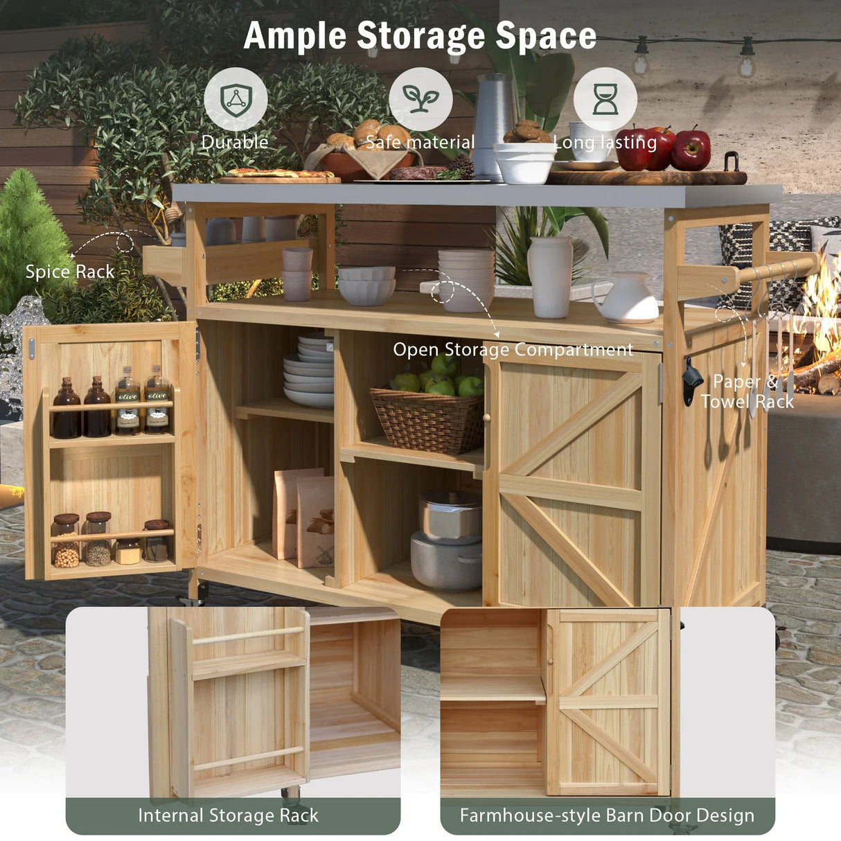 Farmhouse Solid Fir Wood Outdoor Kitchen Island Cart - Omega Lifestyles