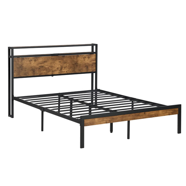 Queen Metal Platform Bed Frame With Wooden Headboard - Omega Lifestyles
