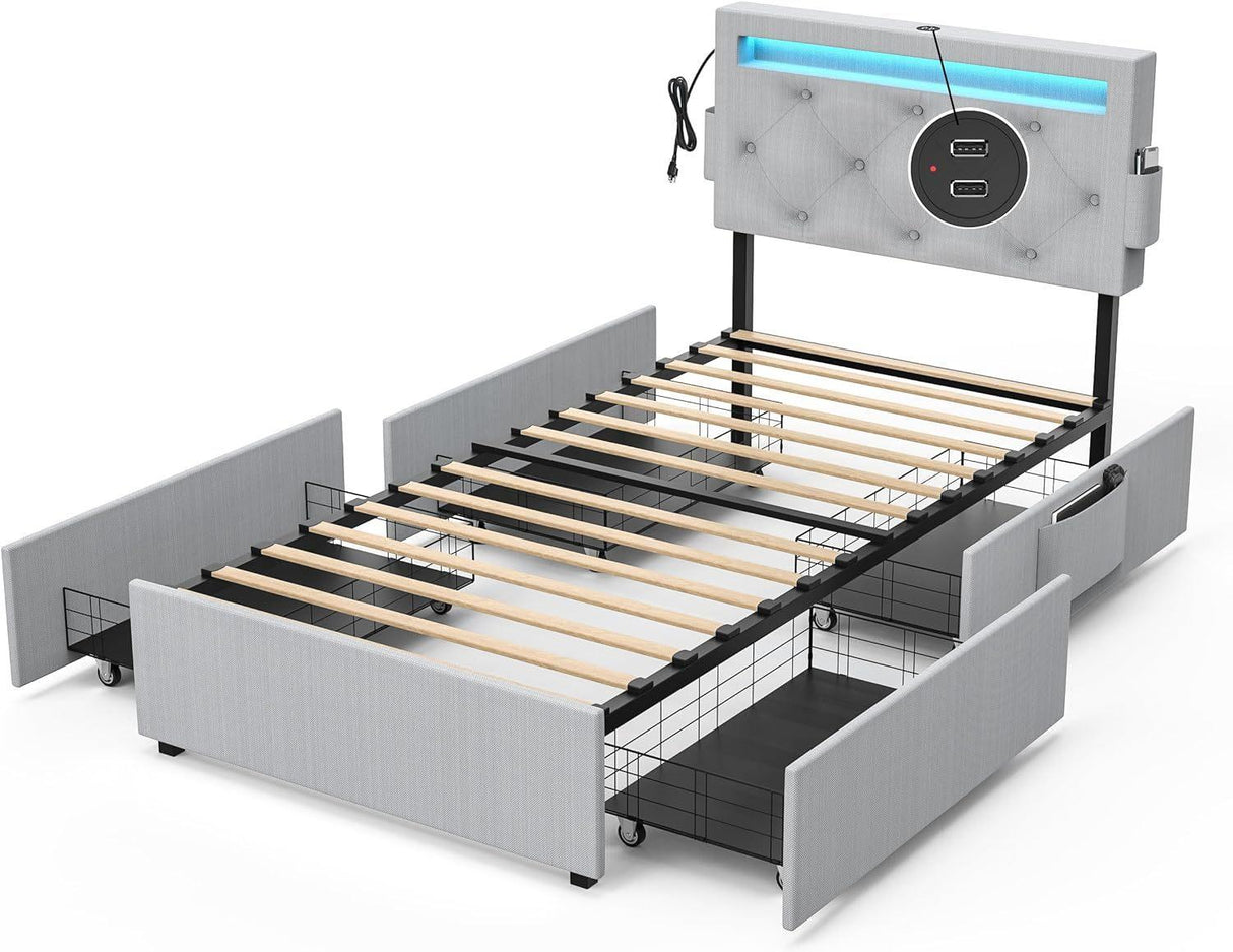 Twin Upholstered Bed Frame With USB Charging Station - Omega Lifestyles