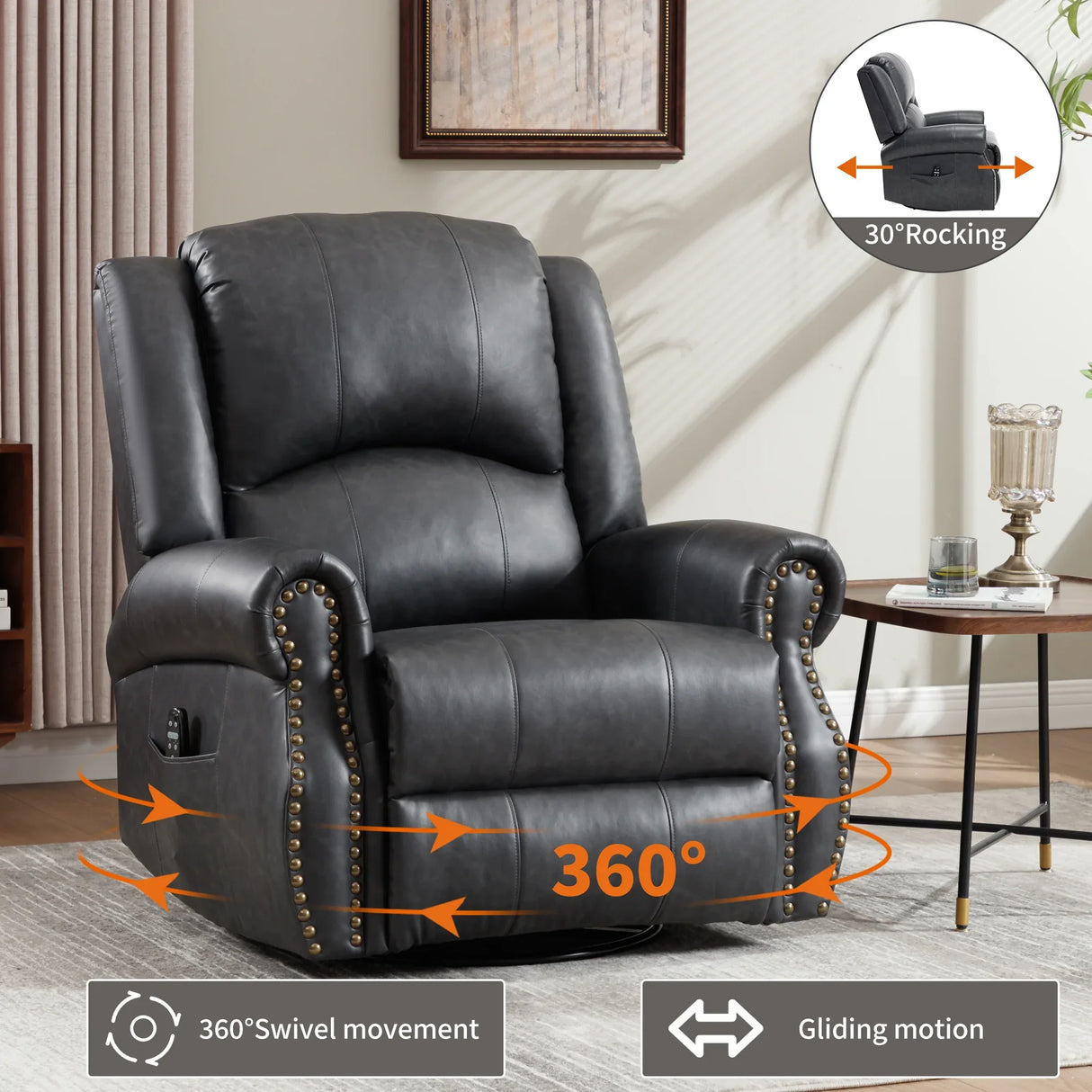 Heat Massage Faux Leather Swivel Rocking Recliner Chair - Omega Lifestyles