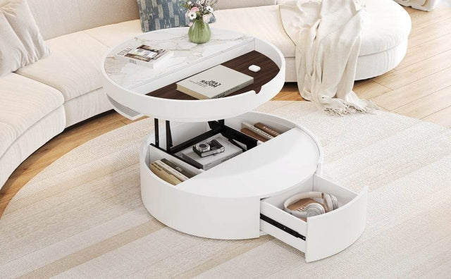 Modern White Walnut Round Lift-Top Coffee Table With Drawer - Omega Lifestyles