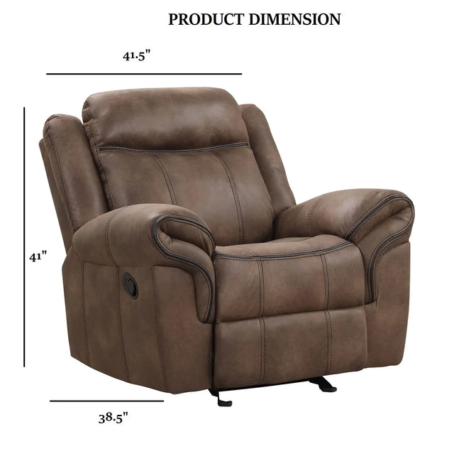 Transitional Brown Leatherette Glider Recliner With Pillow Arms - Omega Lifestyles