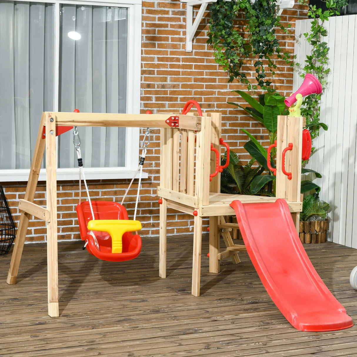 Wooden 4-in-1 Kids Swing Set With Slide And Horn - Omega Lifestyles