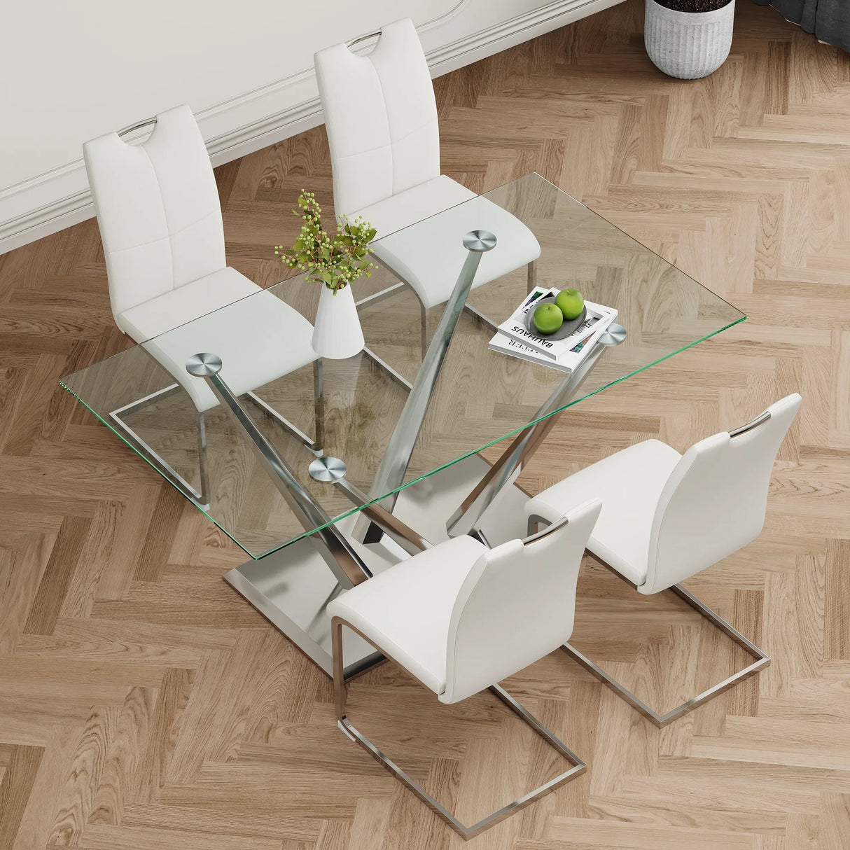 Modern Glass Dining Table With Stainless Steel Base Set - Omega Lifestyles