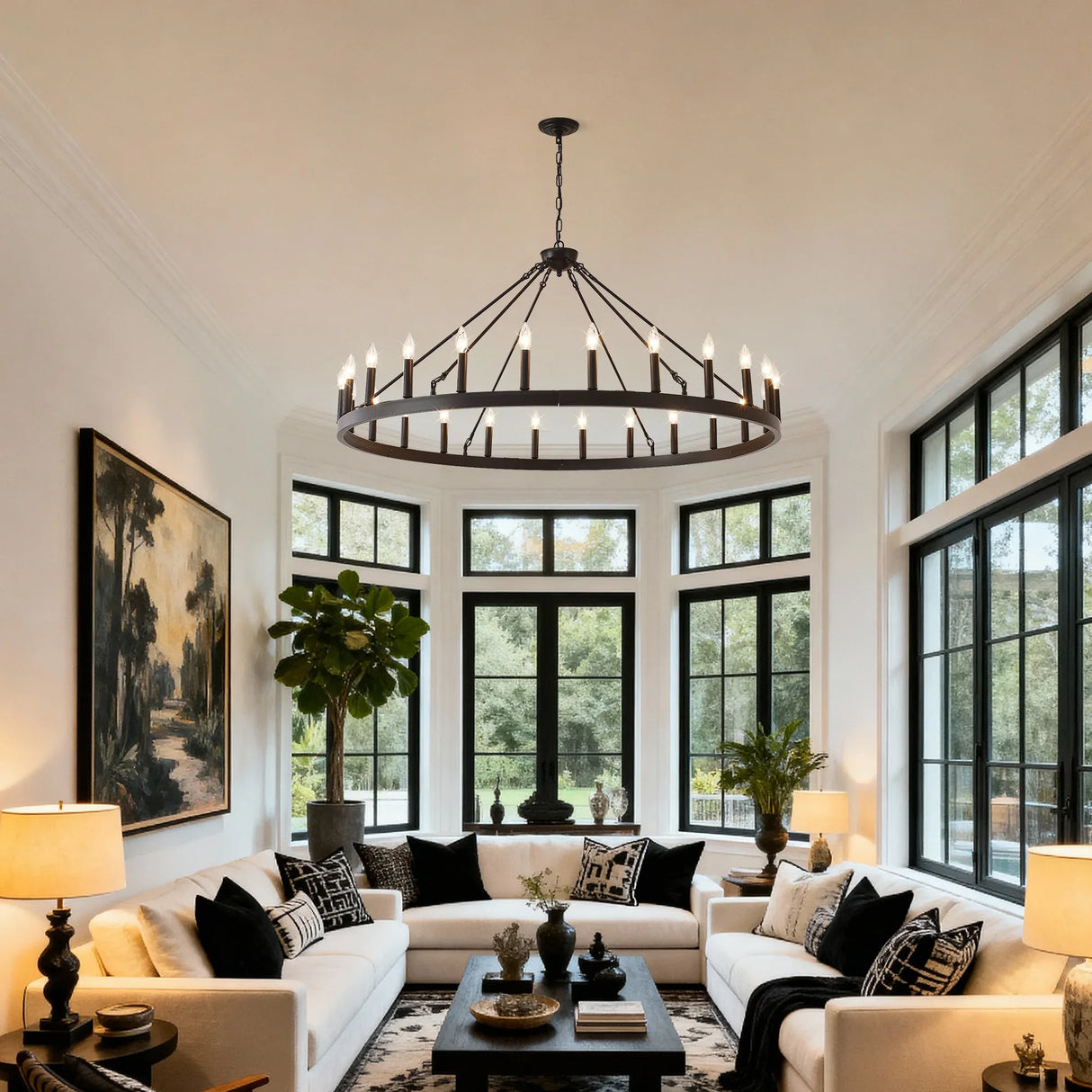 Matte Black Farmhouse Wagon Wheel Metal Chandelier - Omega Lifestyles