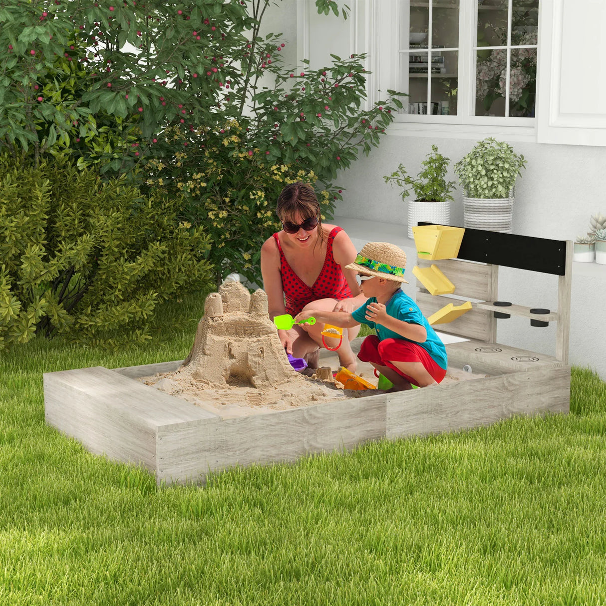 Wooden Kids Outdoor Sandbox With Kitchen Playset - Omega Lifestyles