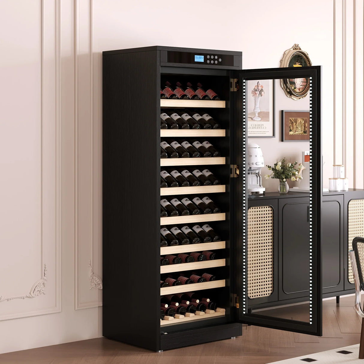 Temperature-Controlled Multi-Tiered Black Wood Wine Cabinet - Omega Lifestyles