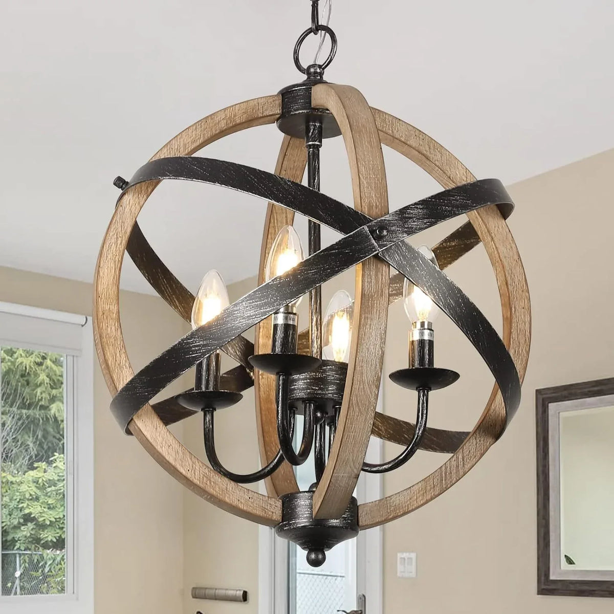 Farmhouse 4-Light Height Adjustable Wood Metal Chandelier - Omega Lifestyles