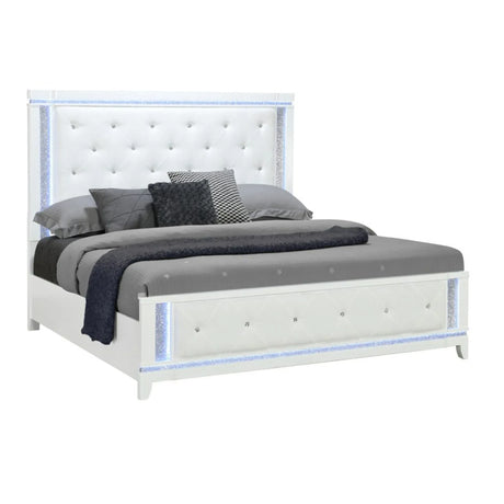 King Contemporary White Tufted Panel Bed Frame With LED Lights - Omega Lifestyles