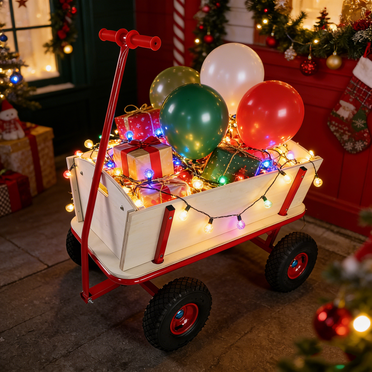 Children’s Red Metal Wooden Outdoor Cargo Wagon