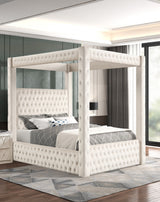 Queen Modern Four-Poster Upholstered Ivory Velvet Bed Frame