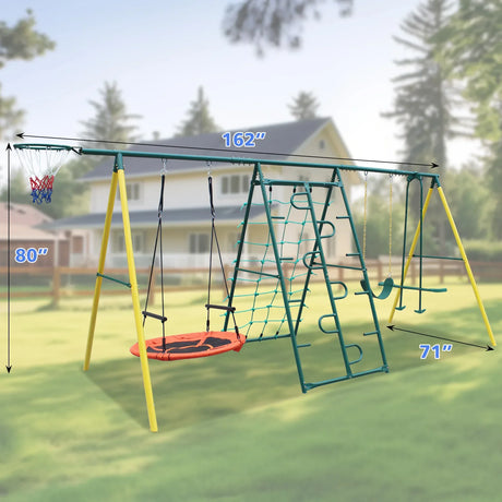 6-in-1 Steel Frame Kids Backyard Swing Set - Omega Lifestyles