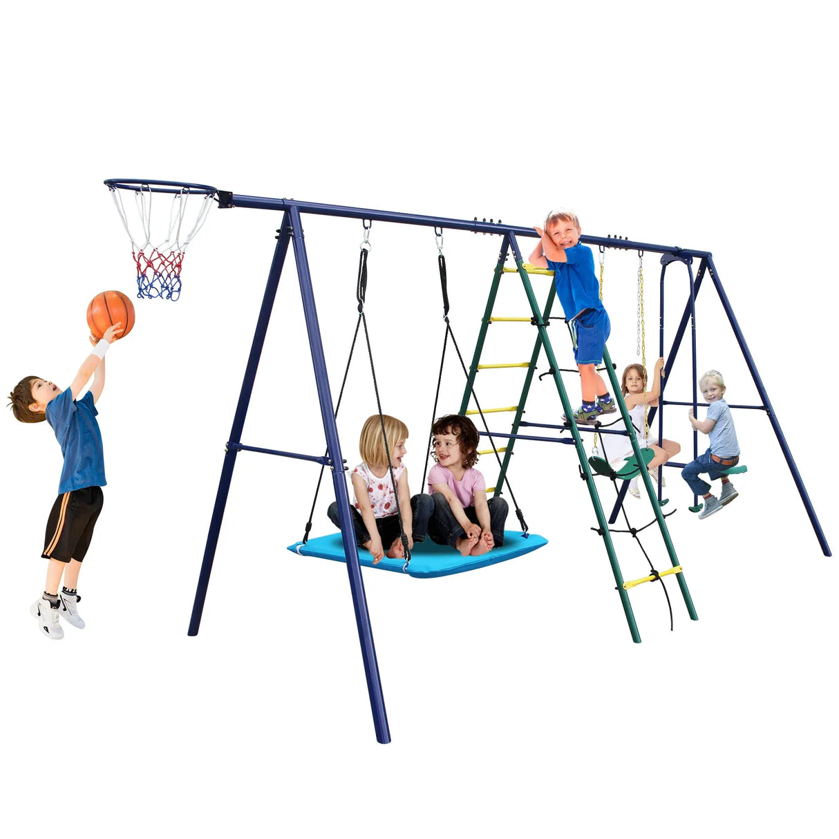 6-in-1 Steel Backyard Swing Set With Climbing Ladder - Omega Lifestyles