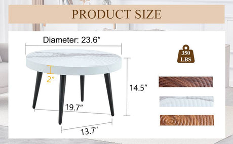 White Marble Pattern Round MDF Metal Coffee Table - Sleep Galleria