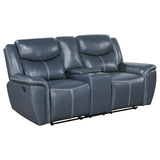 Blue Upholstered Motion Reclining Loveseat With Console - Omega Lifestyles