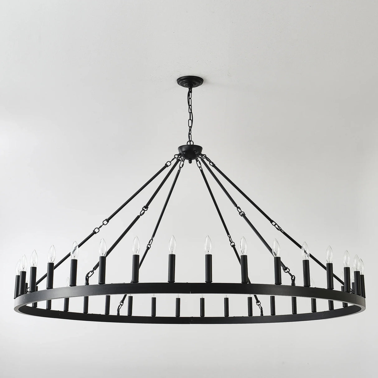 Farmhouse Matte Black Wagon Wheel Chandelier 36-Light 64-Inch - Omega Lifestyles