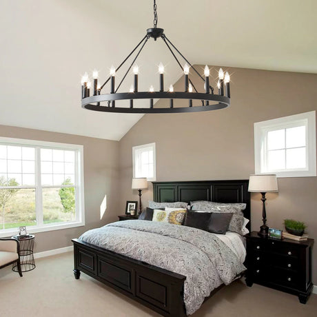 Matte Black 20-Light Farmhouse Wagon Wheel Chandelier - Omega Lifestyles