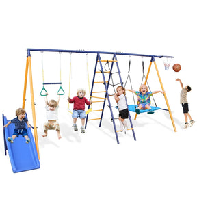 7-in-1 Heavy-Duty Metal Kids Backyard Swing Set - Omega Lifestyles