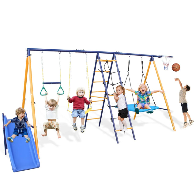 7-in-1 Heavy-Duty Metal Kids Backyard Swing Set - Omega Lifestyles