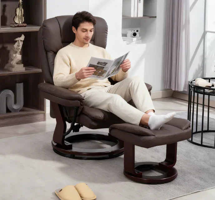 PU Leather Reclining Swivel Chair With Ottoman and Footrest - Omega Lifestyles