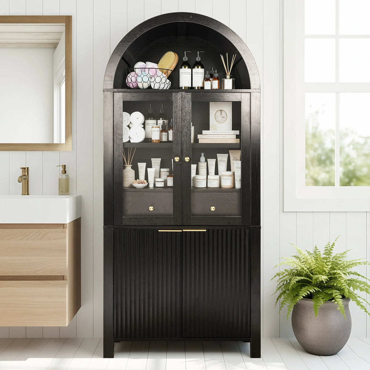 Modern Fluted Tall Arched Adjustable Shelf Pantry Cabinet - Omega Lifestyles