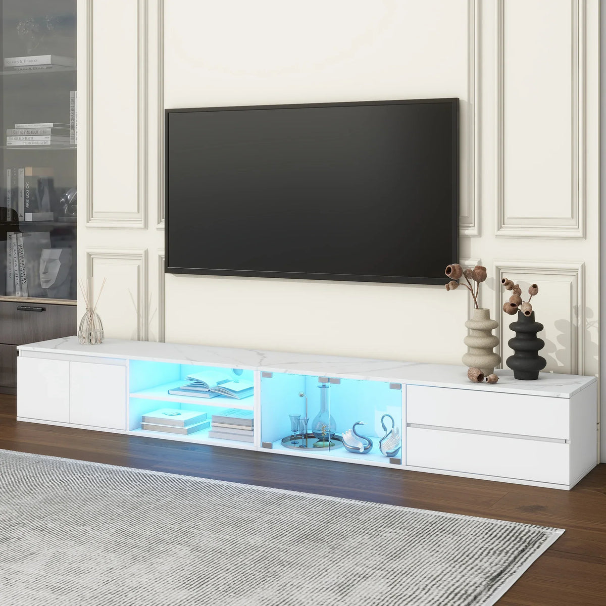 Modern App-Controlled LED Light White Marble TV Stand - Omega Lifestyles