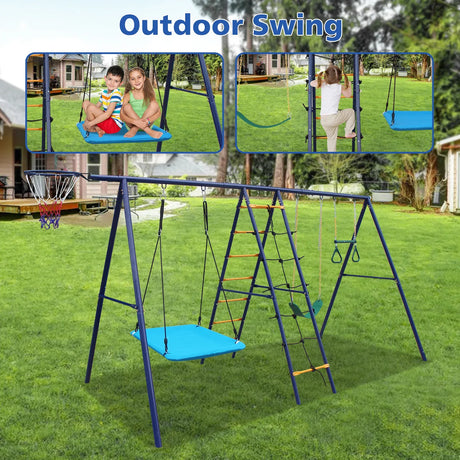 6-in-1 Backyard Steel Frame Swing Set With Ladder - Omega Lifestyles
