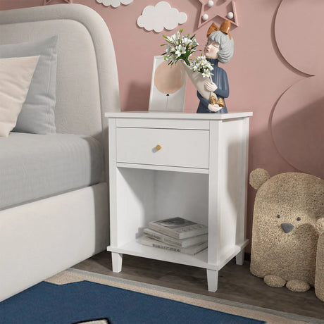 White MDF Kids Wooden Nightstand With Drawer Shelf - Omega Lifestyles