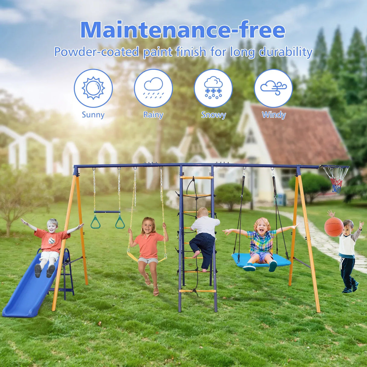 7-in-1 Heavy-Duty Metal Kids Backyard Swing Set - Omega Lifestyles