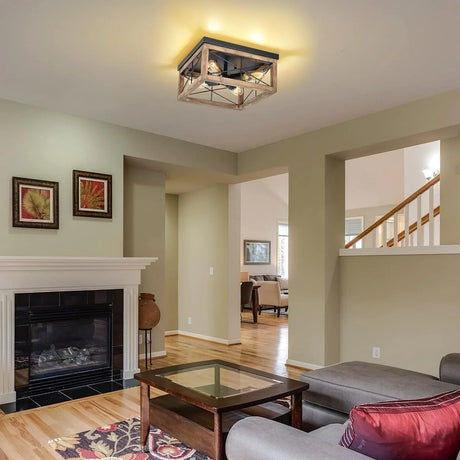 Farmhouse 4-Light Wood Metal Flush Mount Lighting - Omega Lifestyles