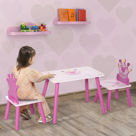 3-Piece Kids Wooden Table And Chair Set With Crown Pattern - Omega Lifestyles