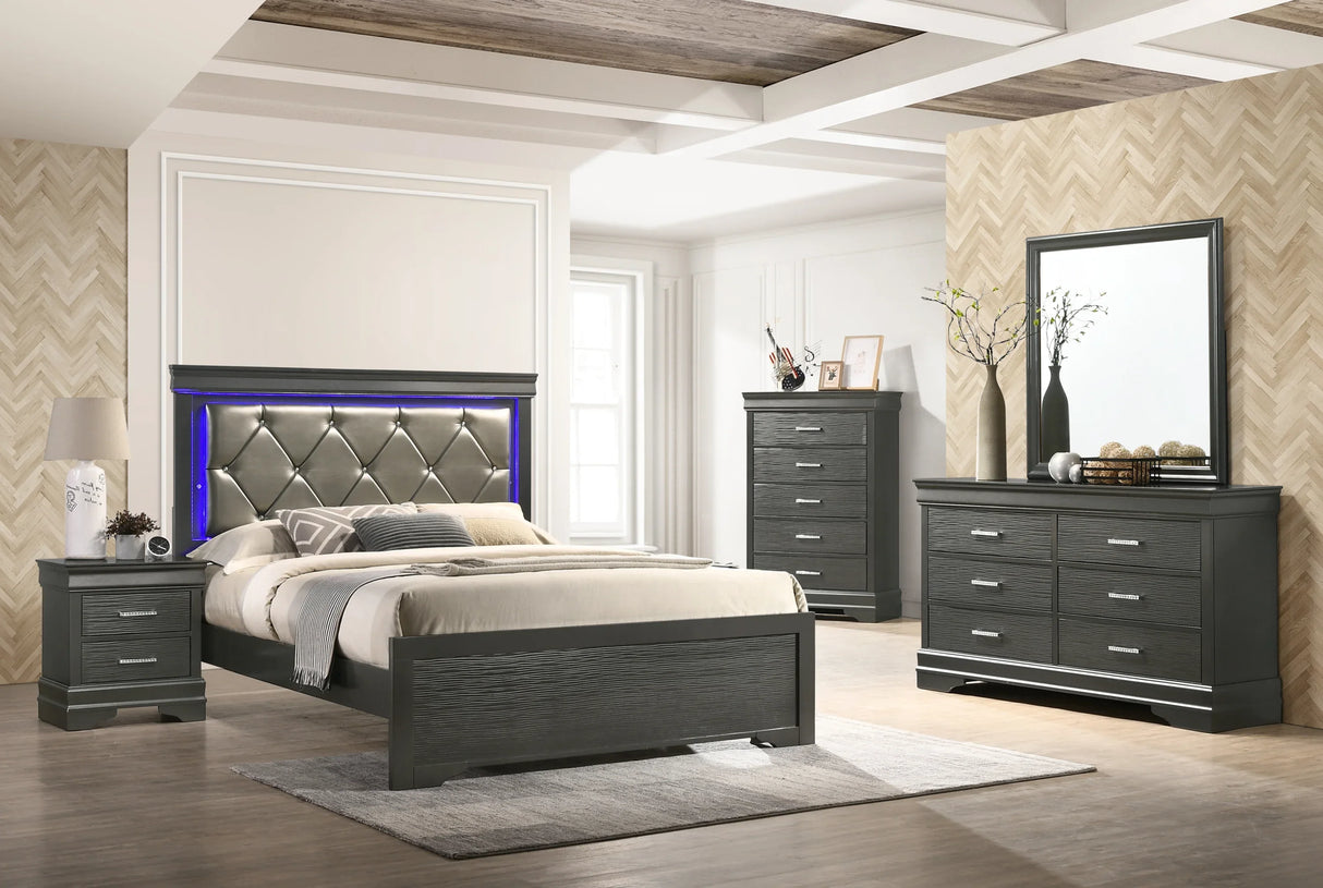 Modern Queen Upholstered Wood Bed With LED Headboard - Omega Lifestyles