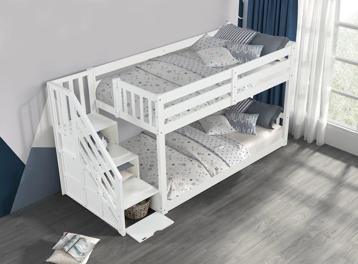 Transitional White Solid Pine Low Twin Over Twin Bunk Bed - Omega Lifestyles