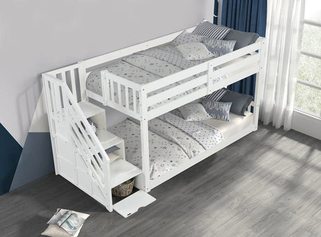 Transitional White Solid Pine Low Twin Over Twin Bunk Bed - Omega Lifestyles