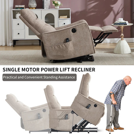 Khaki Chenille Medium-Firm Power Lift Massage Recliner Chair - Omega Lifestyles