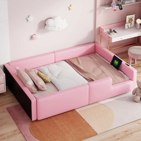 Twin Pink Upholstered Platform Bed With Guardrail Charging Station - Omega Lifestyles