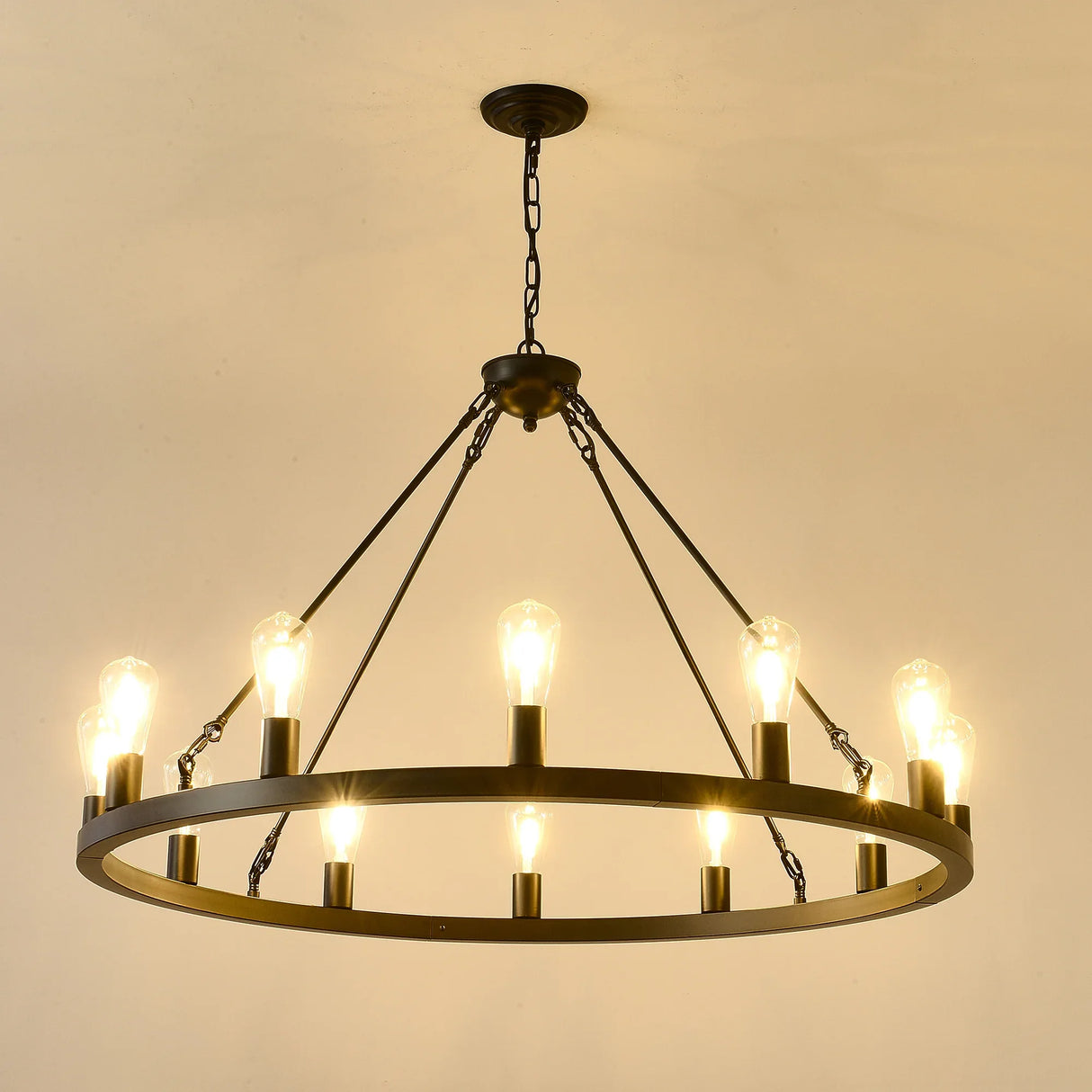 Farmhouse Matte Black Wagon Wheel 12-Light Chandelier - Omega Lifestyles