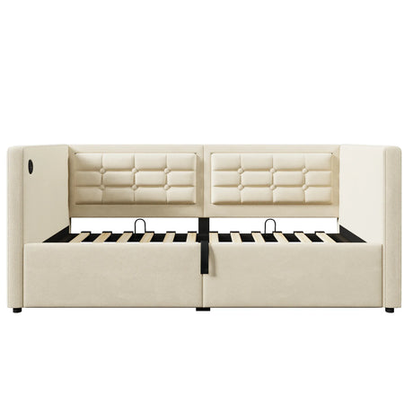 Twin Beige Velvet Upholstered Hydraulic Storage Bed Frame - Omega Lifestyles