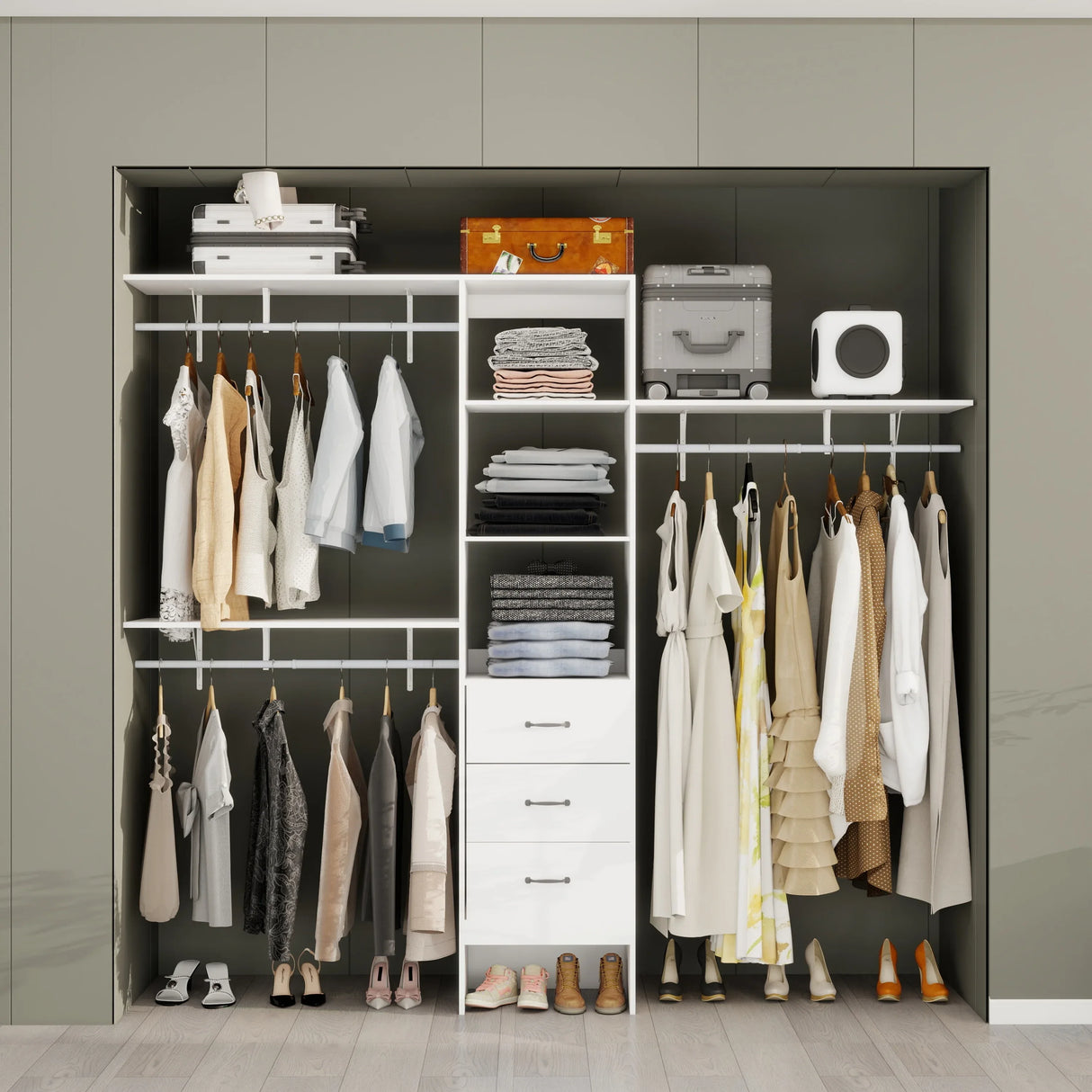 96-Inch White Adjustable Wood Metal Closet Organizer System - Omega Lifestyles