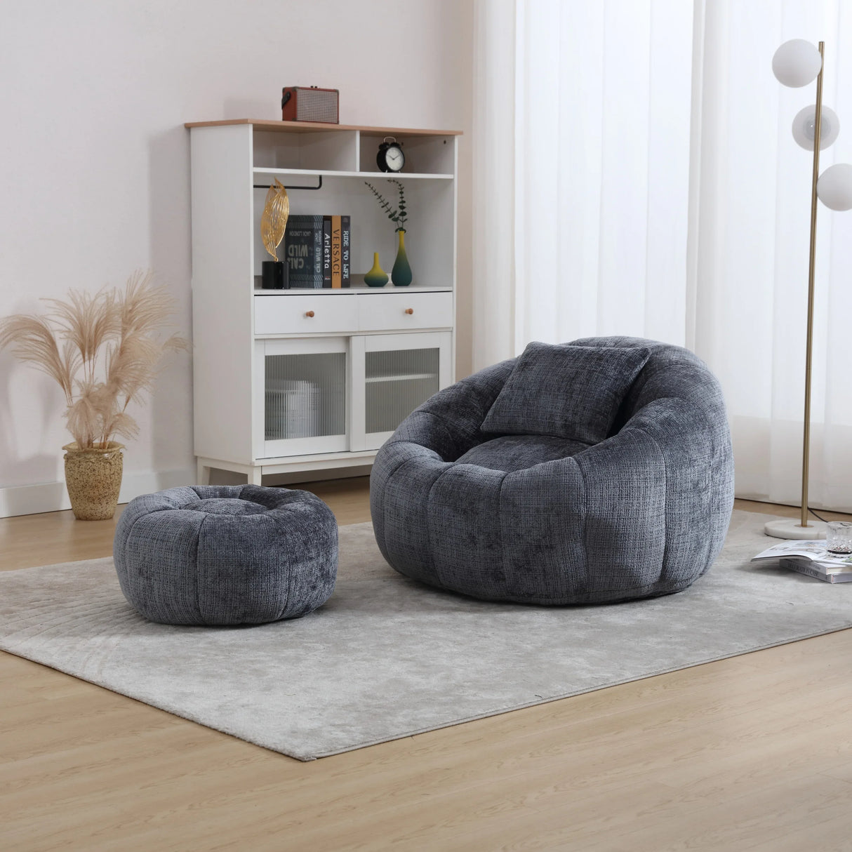 Chenille Foam Filled Pumpkin Shape Lazy Sofa with Ottoman - Omega Lifestyles