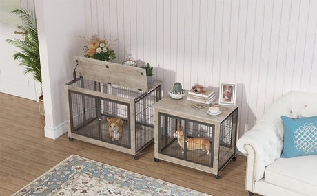 Furniture Style Grey Dog Crate With Rolling Wheels - Omega Lifestyles
