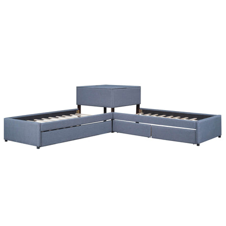 L-Shaped Upholstered Twin Platform Bed With Trundle Desk - Omega Lifestyles